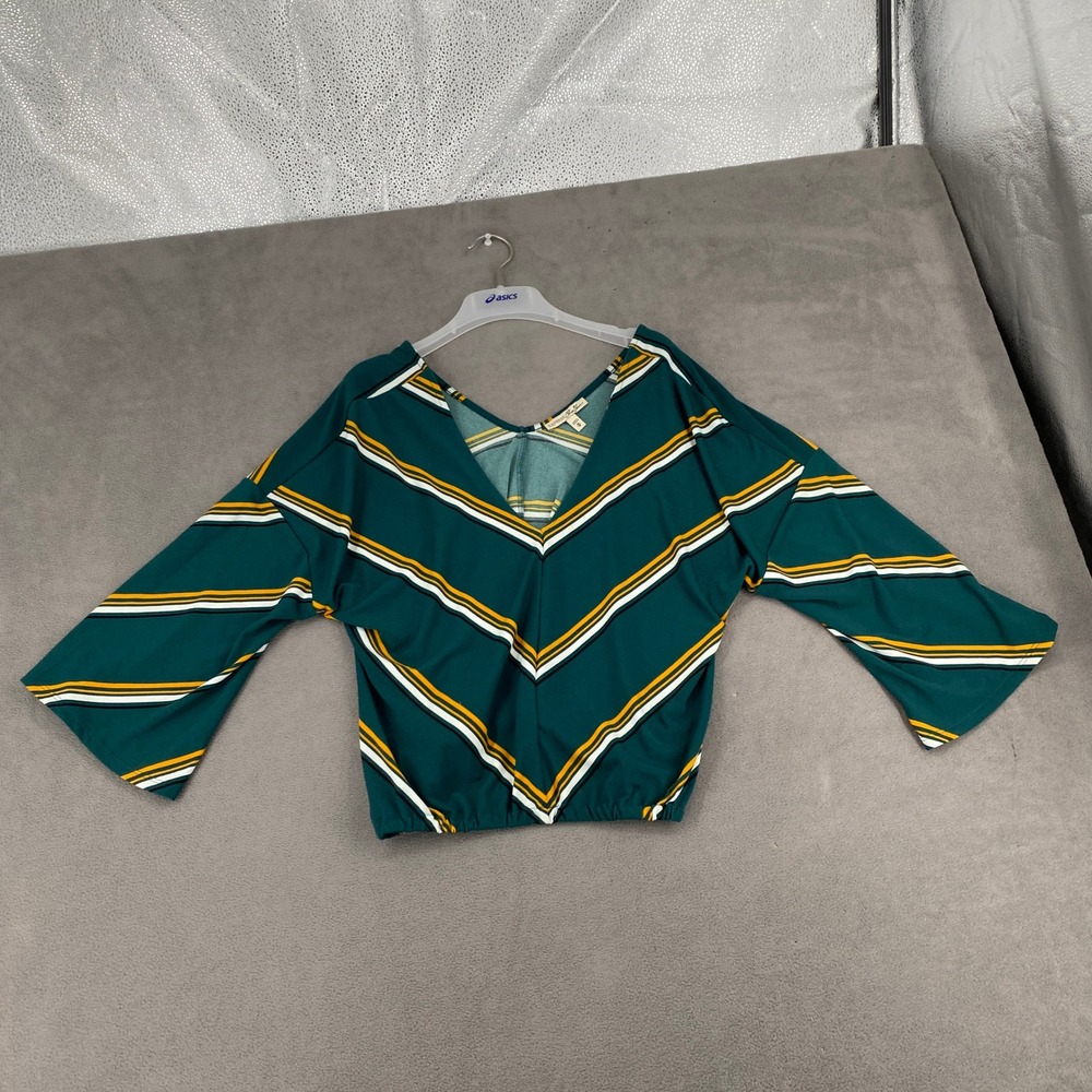 Express One Eleven Green Striped V-Neck Bell Sleeve Elastic Hem Top Medium